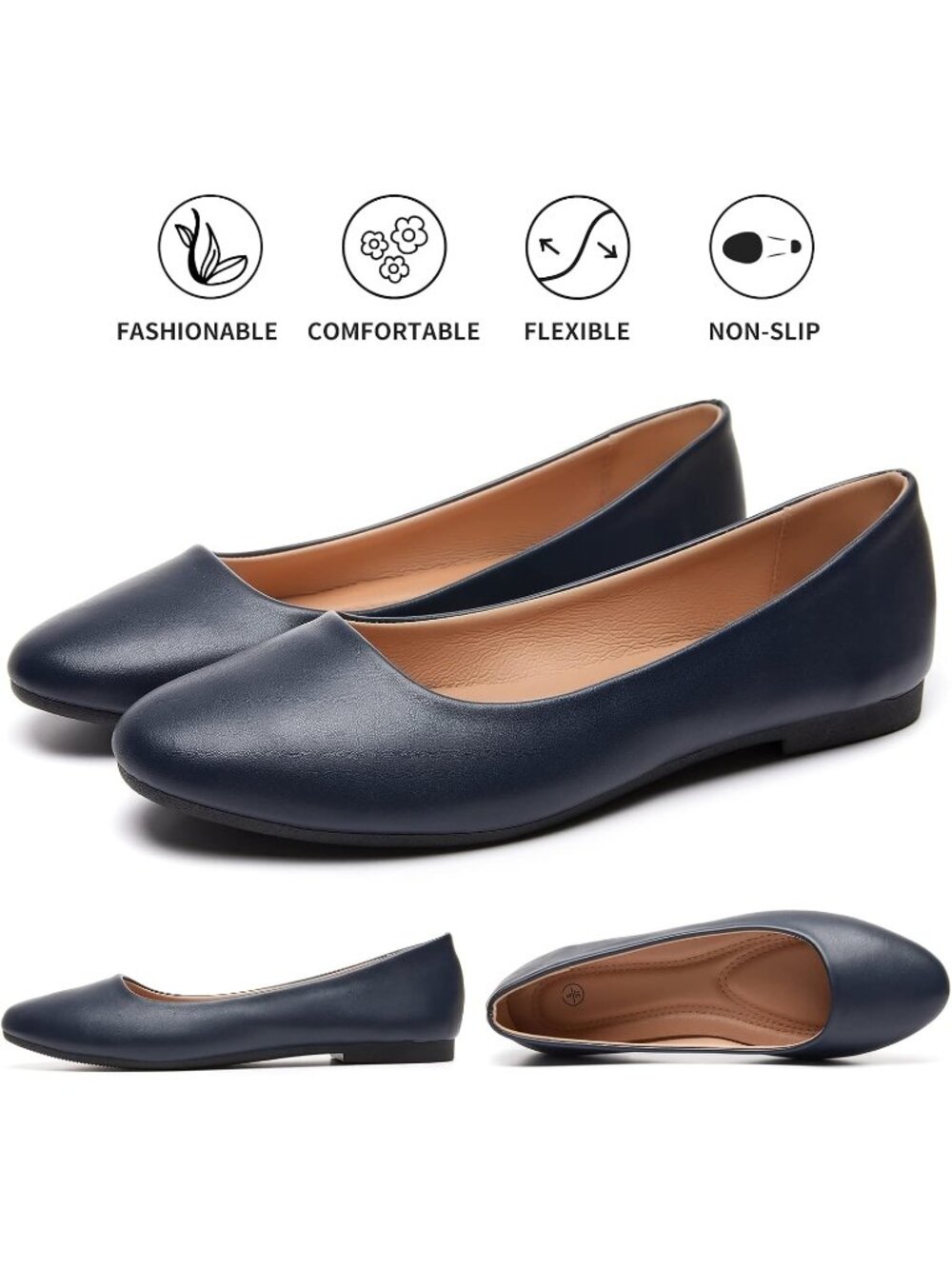 Women's Navy Blue Leather Ballet Flats Slip On Comfortable Classic Dress Shoes - Picture 5 of 6
